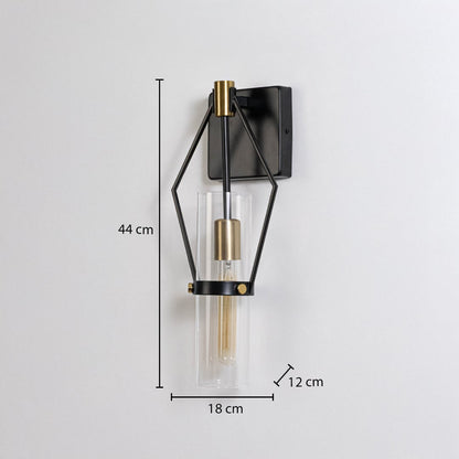 Black metal and gold wall sconce with clear glass shade shown with 44 cm height and 18 cm width for precise sizing.