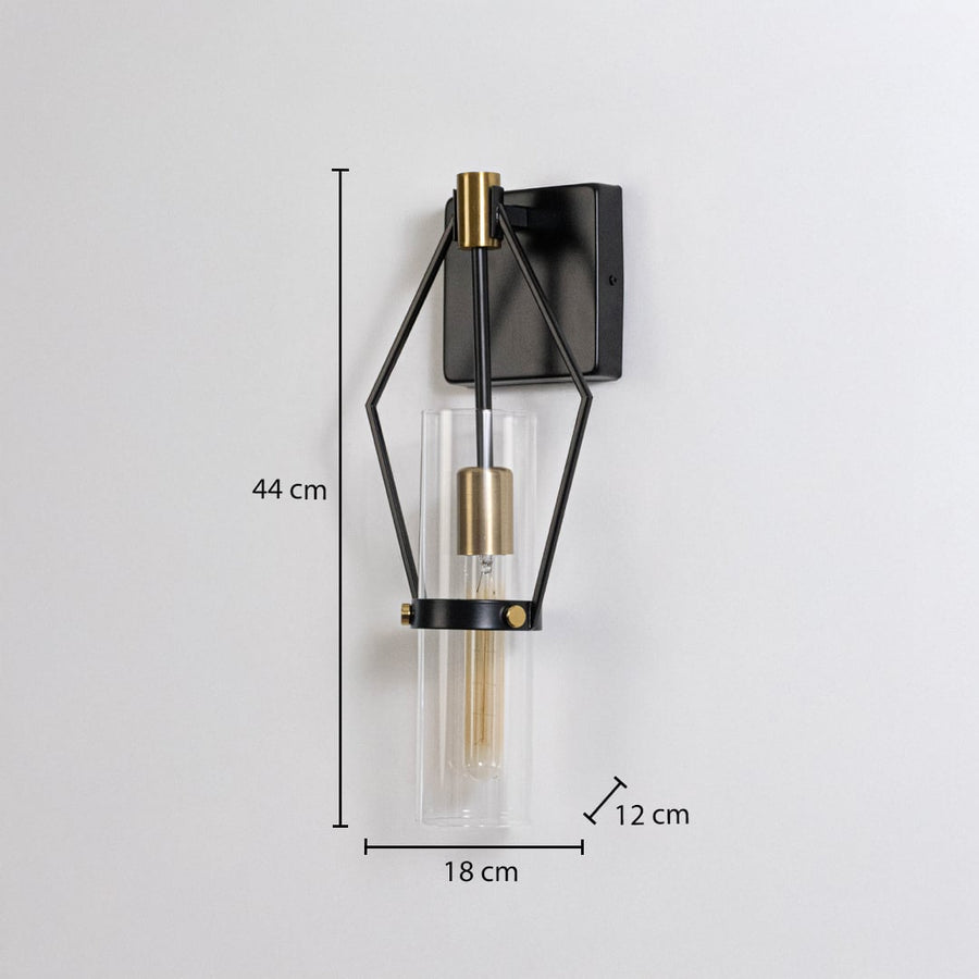 Black metal and gold wall sconce with clear glass shade shown with 44 cm height and 18 cm width for precise sizing.