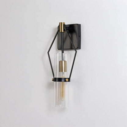 Black metal and gold wall sconce with clear glass shade shown on a white background for detailed product clarity.