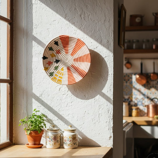 Decorative round wall art with orange and floral detailing mounted near window adding warm sunlight accents to cozy home kitchen decor.
