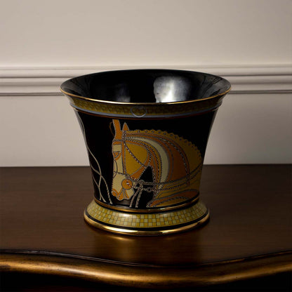 White background image black ceramic vase with golden horse design and glossy finish elegant decorative home accent