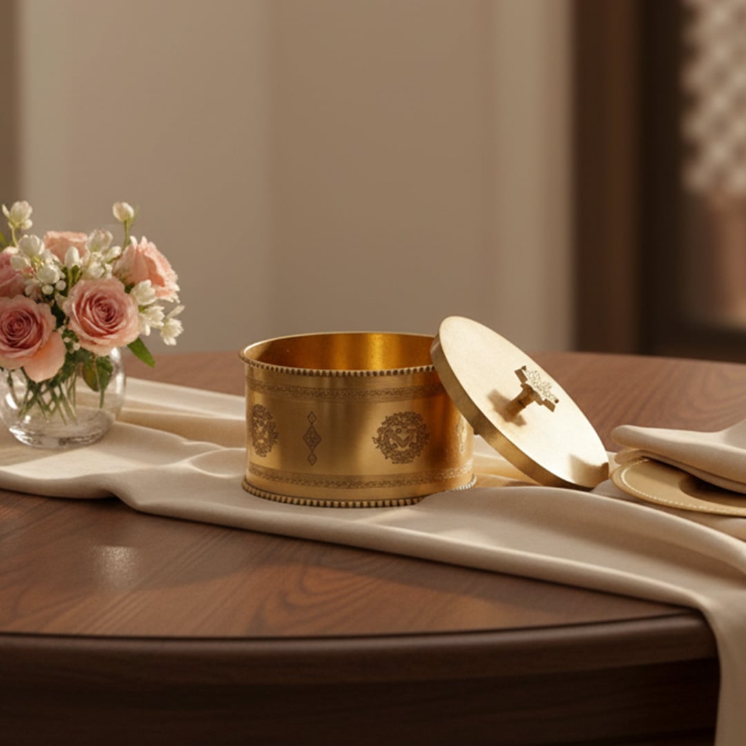 Gold metal decorative storage box lifestyle image with floral accents for elegant luxury dining table decor.