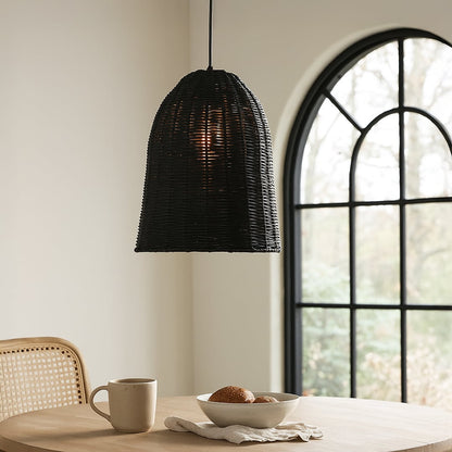 Black rattan pendant light bringing a sleek handcrafted touch to contemporary living and dining spaces.