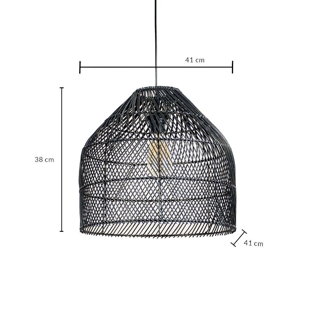 Black rattan pendant light shade measuring 41 cm width and 36 cm height crafted for stylish ceiling lighting decor.
