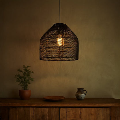 Contemporary black rattan pendant light enhancing modern interiors with its elegant handwoven design and soft ambient glow.