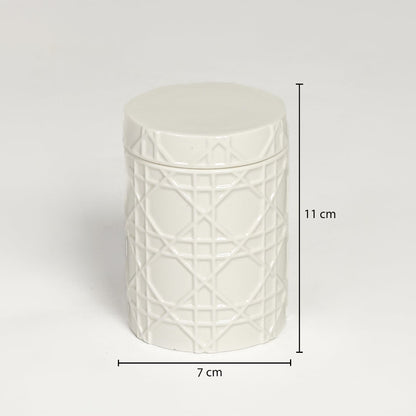 White ceramic textured candle holder measuring 11 cm height and 7 cm width ideal for modern tabletop decor styling.