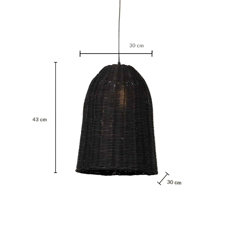 Black rattan pendant light dimension image showing 43 cm height and 30 cm width with elegant elongated design.