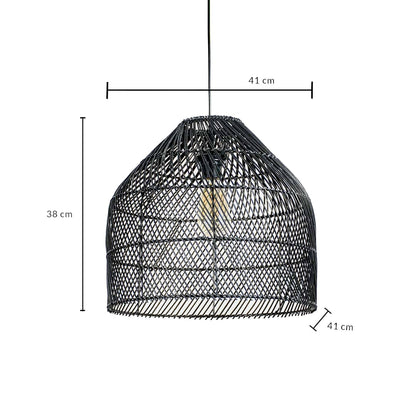 Black rattan pendant light dimension image showing 38 cm height and 41 cm width ideal for dining or living room decor.