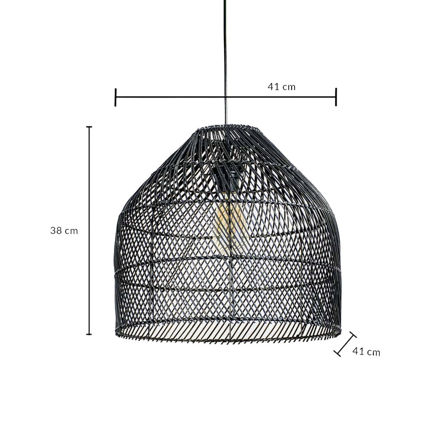 Black rattan pendant light dimension image showing 38 cm height and 41 cm width ideal for dining or living room decor.