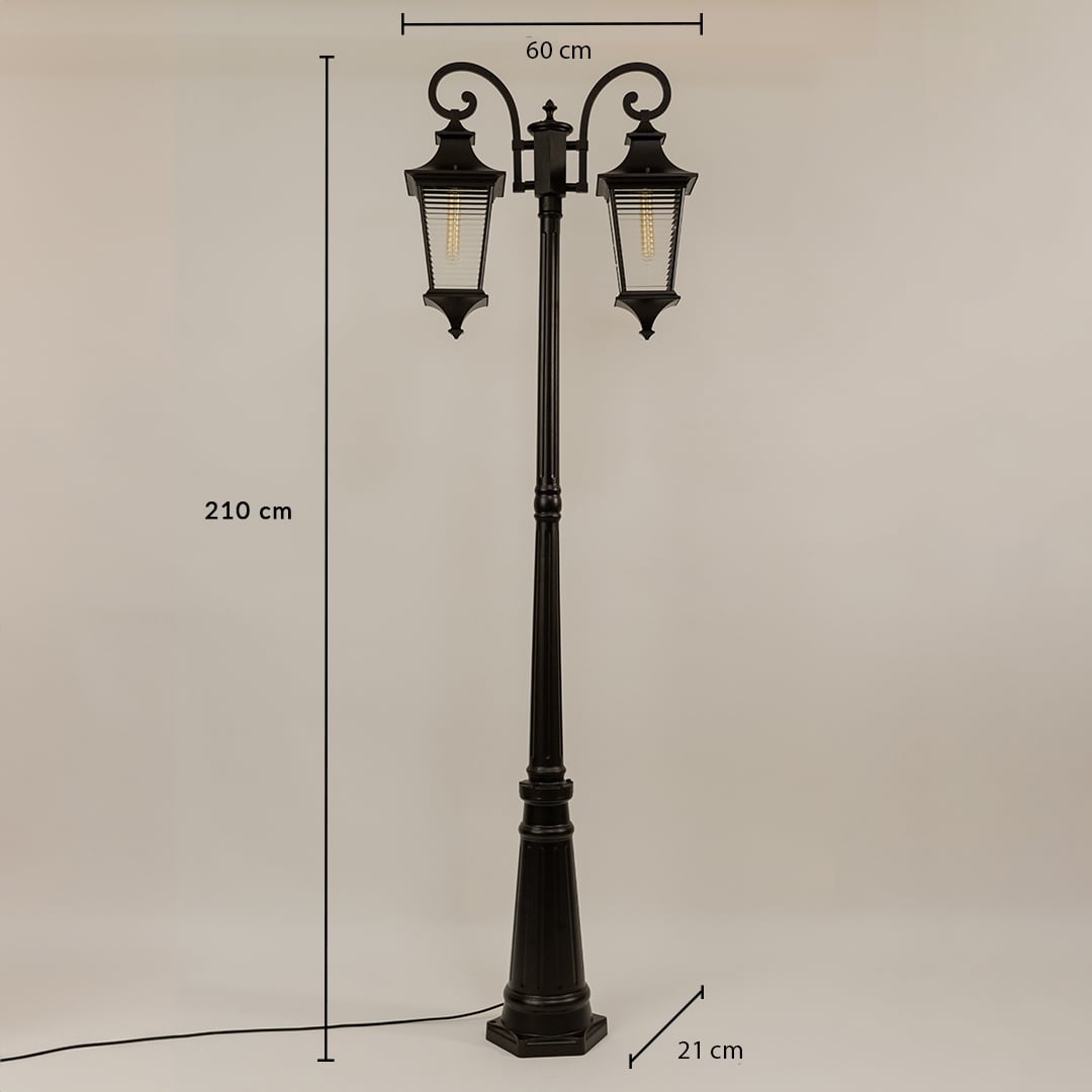Vintage outdoor street lamp dimension image with 230 cm height and 48 cm width for decor use.