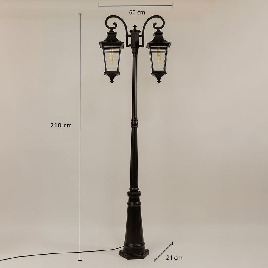 Vintage outdoor street lamp dimension image with 230 cm height and 48 cm width for decor use.