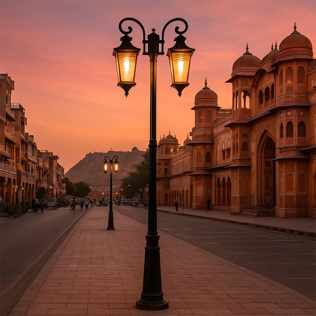 Vintage outdoor street lamp with dual glowing lanterns styled in city pathway decor ambiance.