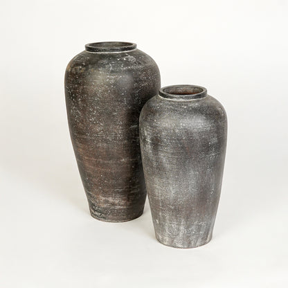 White background image of grey ceramic vase set for modern floor decor styling with artistic textured finish.