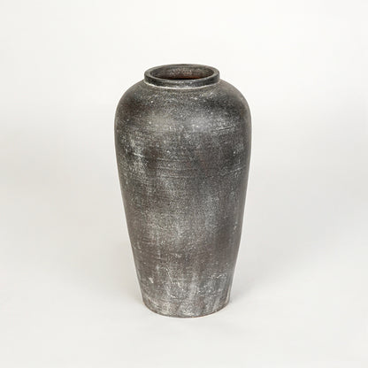 White background image of grey ceramic decorative vase for modern floor placement with rustic textured finish.