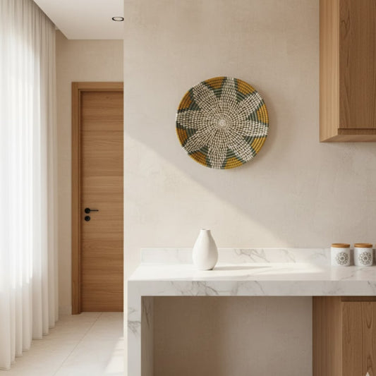 Handcrafted round metal wall decor in gold and grey finish mounted above console table adding artistic elegance to modern home interior.