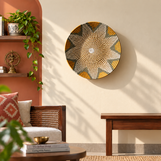 A round woven wall hanging basket with a geometric starburst pattern in natural beige, brown, and mustard yellow, mounted on a warm beige wall in a styled living room setting.
