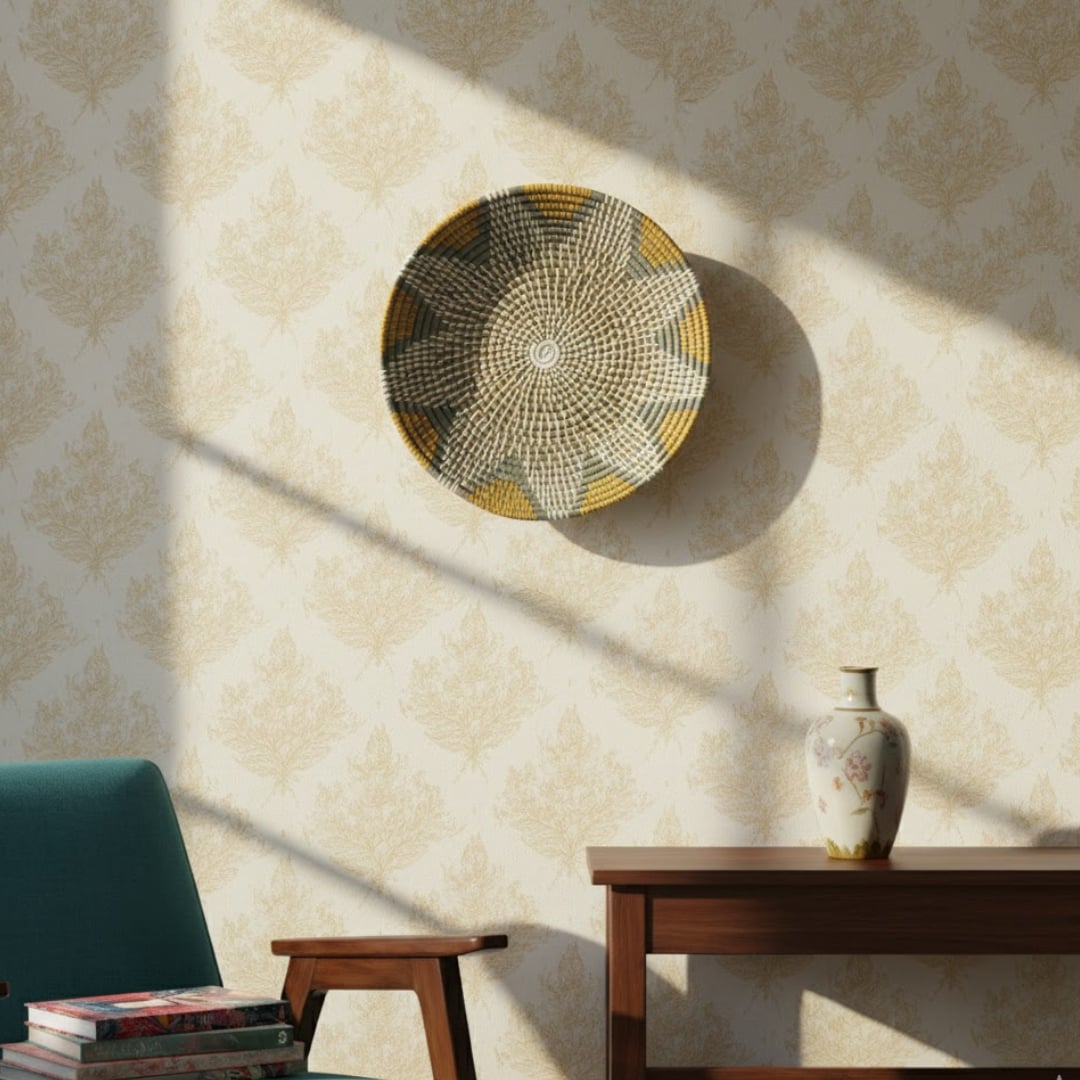 Textured round metal wall decor in antique gold tones mounted above console table adding layered depth and elegant indoor lifestyle styling.