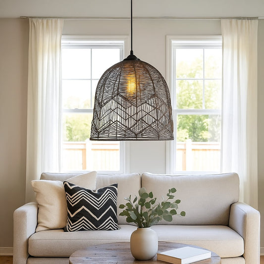 Black woven bamboo pendant light adding elegant texture and warm glow to contemporary home interiors.