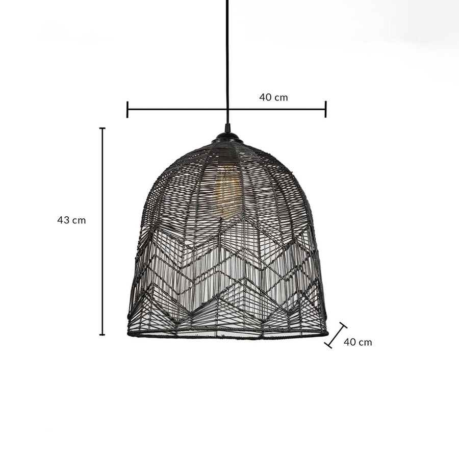Woven black bamboo pendant light dimension image showing 43 cm height and 40 cm width for clear size view.