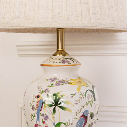 Close view of ceramic table lamp showcasing floral art and golden detailing reflecting premium craftsmanship and sophisticated design appeal.