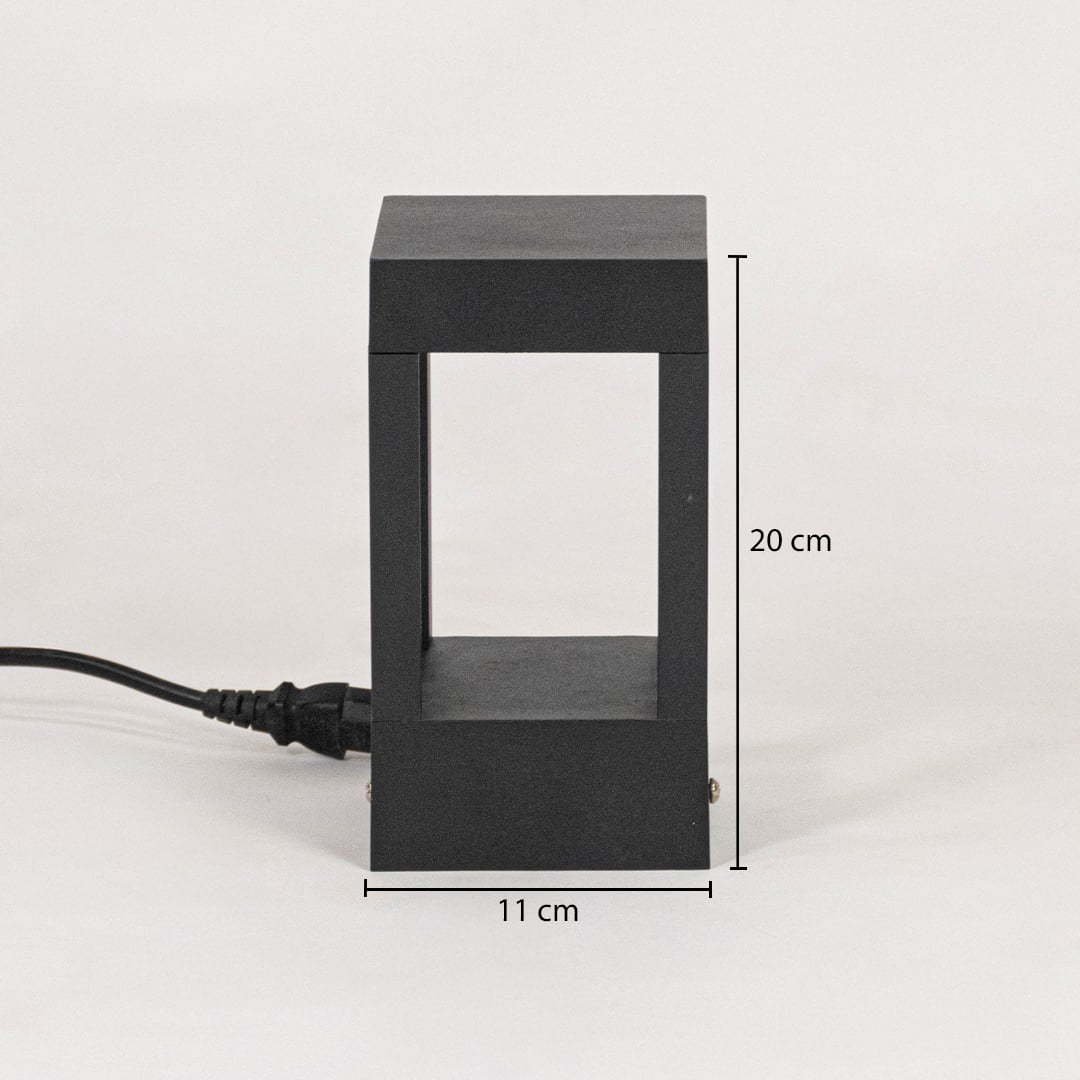 Black metal pillar light measuring 20 cm height and 11 cm width suitable for bedside table shelf and accent Decor.