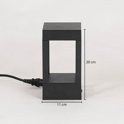 Black metal pillar light measuring 20 cm height and 11 cm width suitable for bedside table shelf and accent Decor.