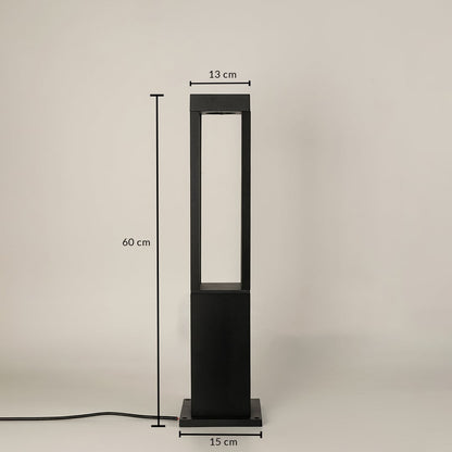 A black outdoor bollard light shown on a white background with height clearly marked at 60 cm top width at 13 cm and base width at 15 cm for accurate size reference.