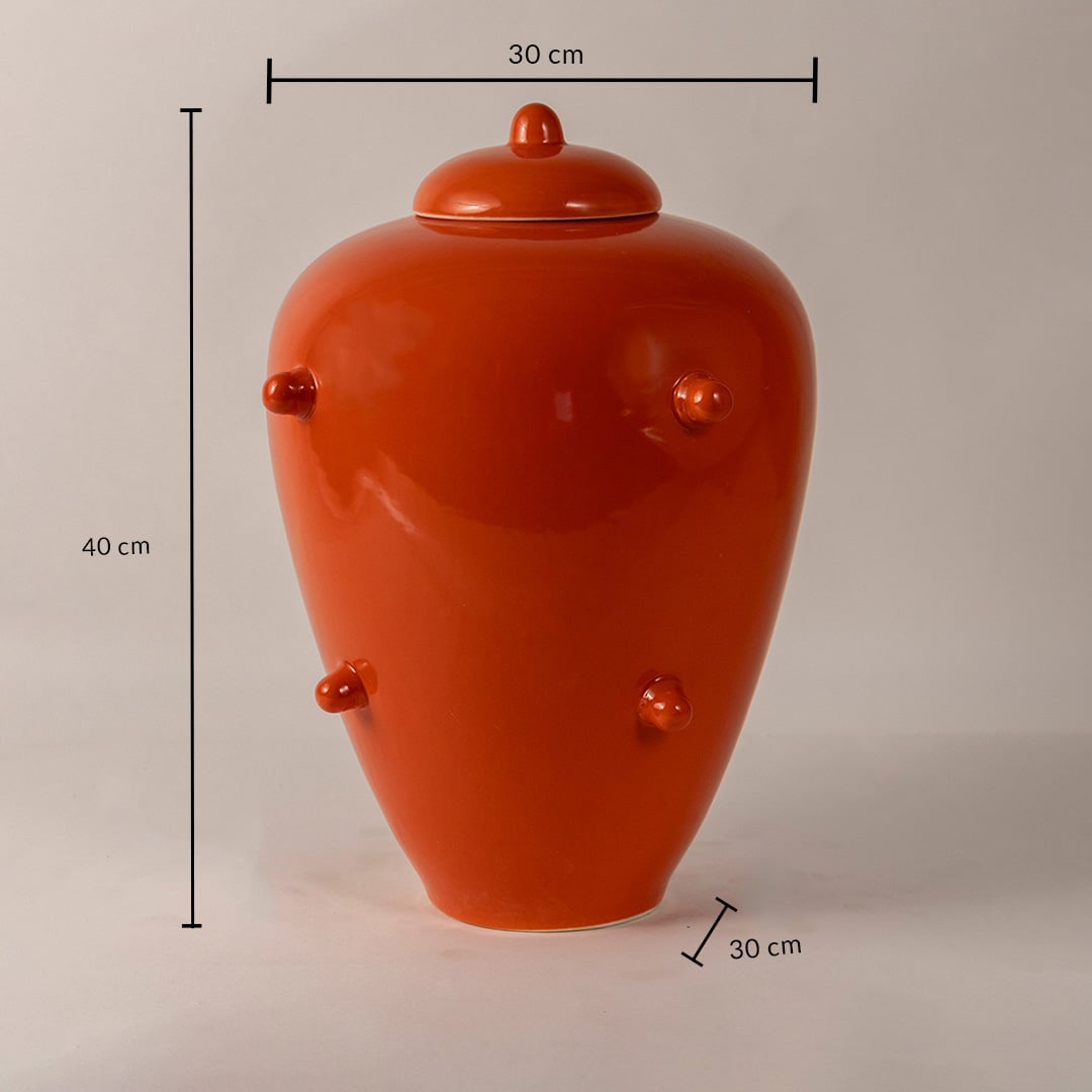 Orange ceramic ginger jar with lid and knobs measuring 40 cm height and 30 cm diameter ideal for home decoration.