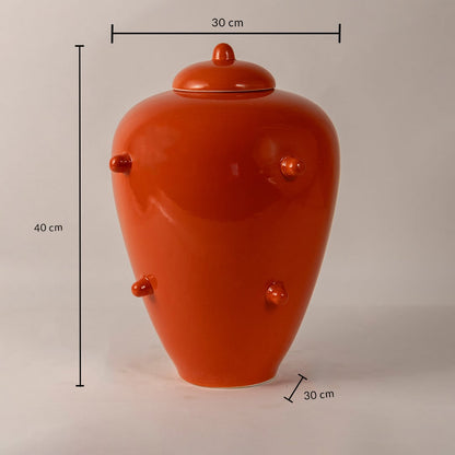 Orange ceramic ginger jar with lid and knobs measuring 40 cm height and 30 cm diameter ideal for home decoration.
