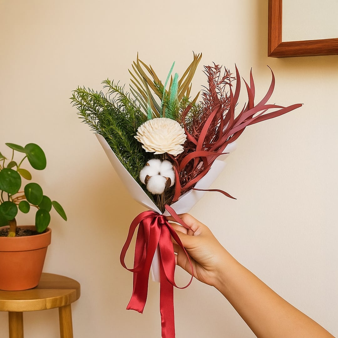 Lifestyle image showing preserved dried flower bouquet wrapped in white paper with red ribbon held by hand enhancing modern home decor.