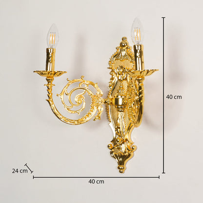 Wall light with polished gold metal frame shown with 40 cm height and 40 cm width and 24 cm depth for accurate placement.