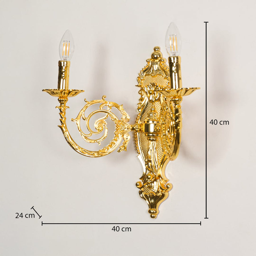 Wall light with polished gold metal frame shown with 40 cm height and 40 cm width and 24 cm depth for accurate placement.