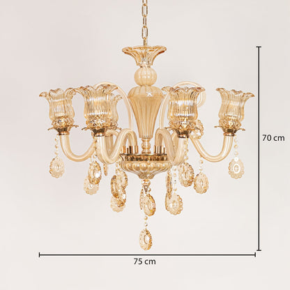 Golden glass crystal chandelier sized 70 cm height and 75 cm width ideal for elegant living room or dining room ceilings.