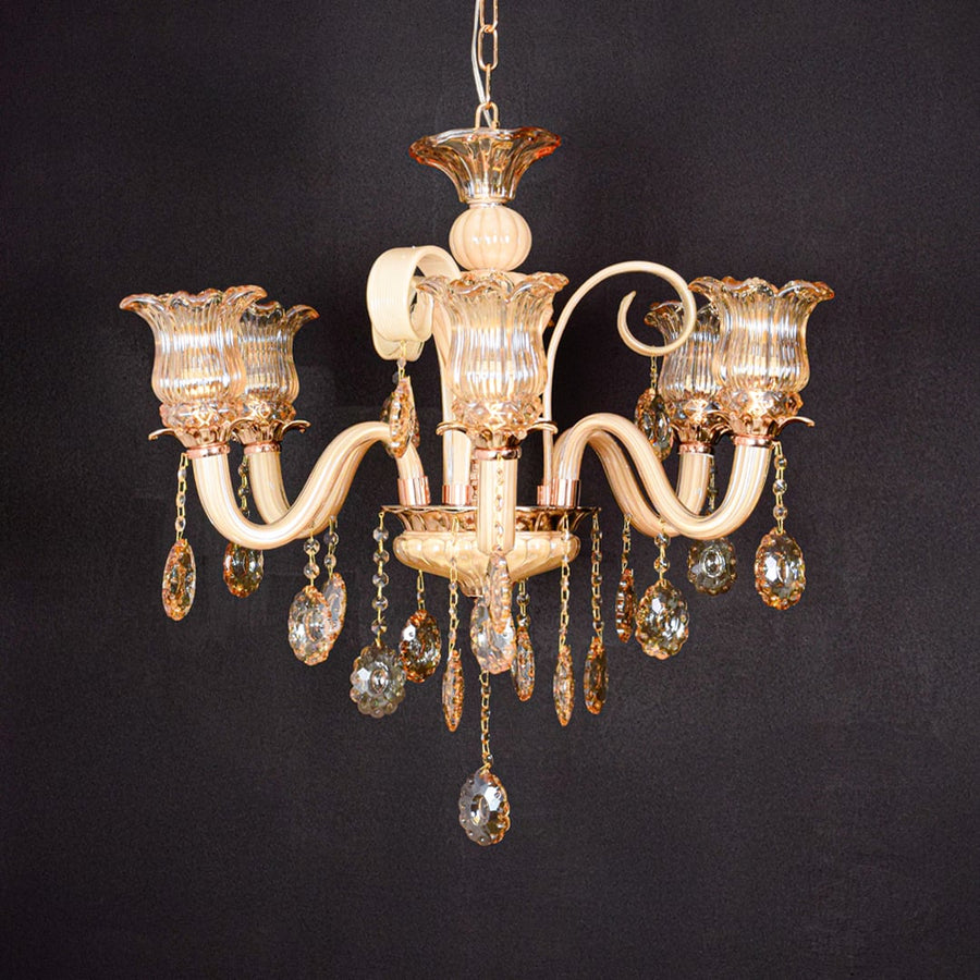Golden glass crystal chandelier shown on black background highlighting rich elegant details for premium home decor.