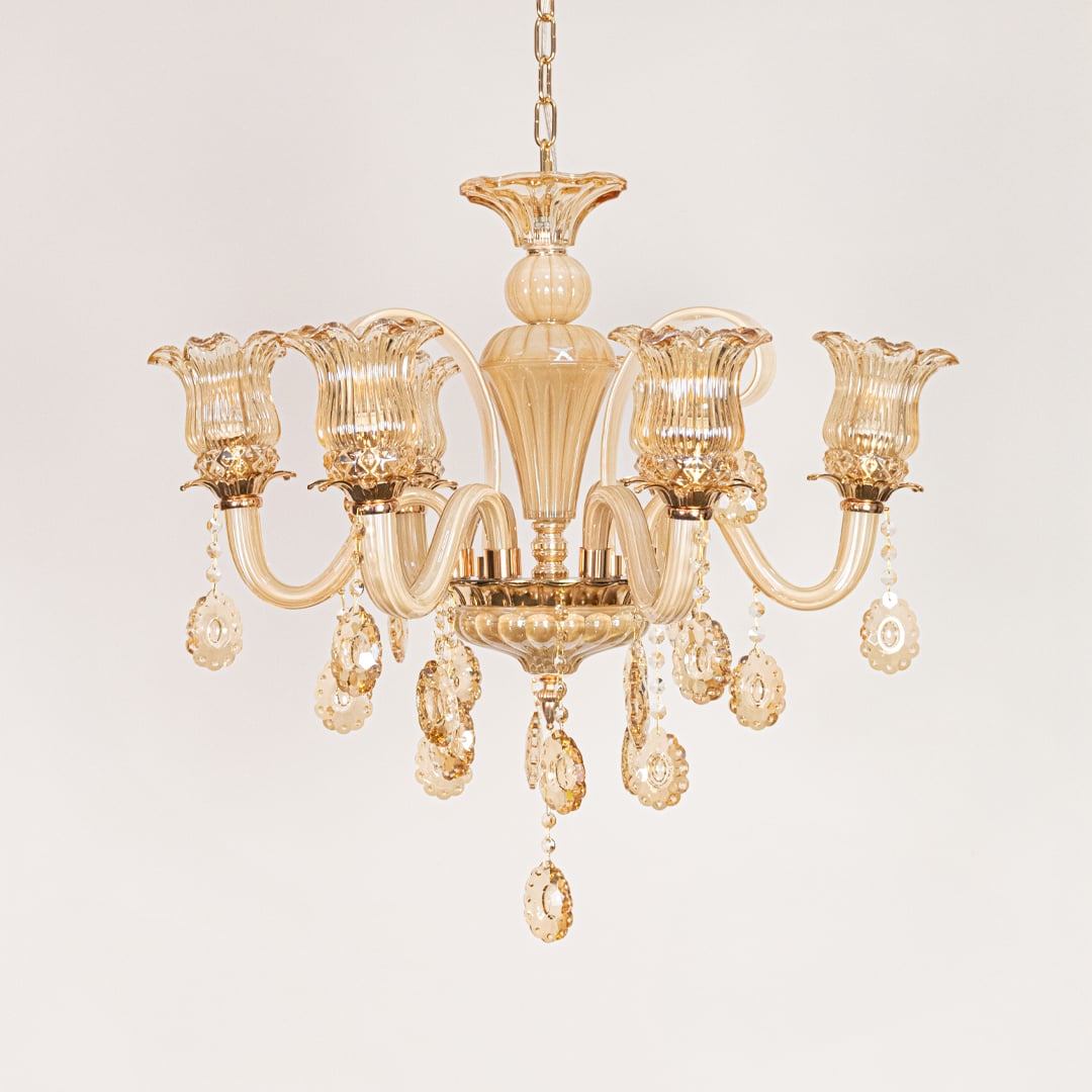 Golden glass crystal chandelier displayed on white background ideal for classic warm interior ceiling decor.