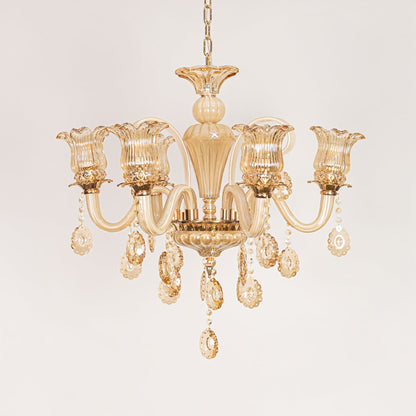 Golden glass crystal chandelier displayed on white background ideal for classic warm interior ceiling decor.