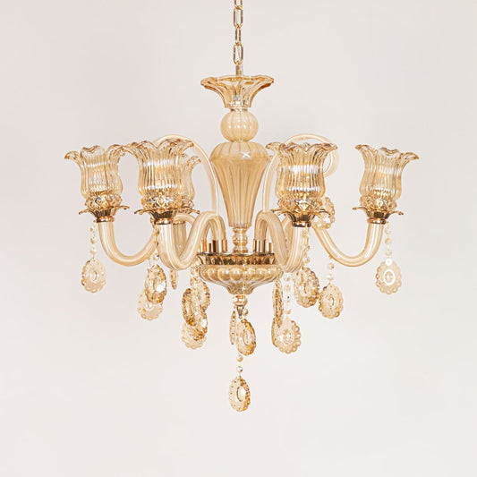 Golden glass crystal chandelier displayed on white background ideal for classic warm interior ceiling decor.