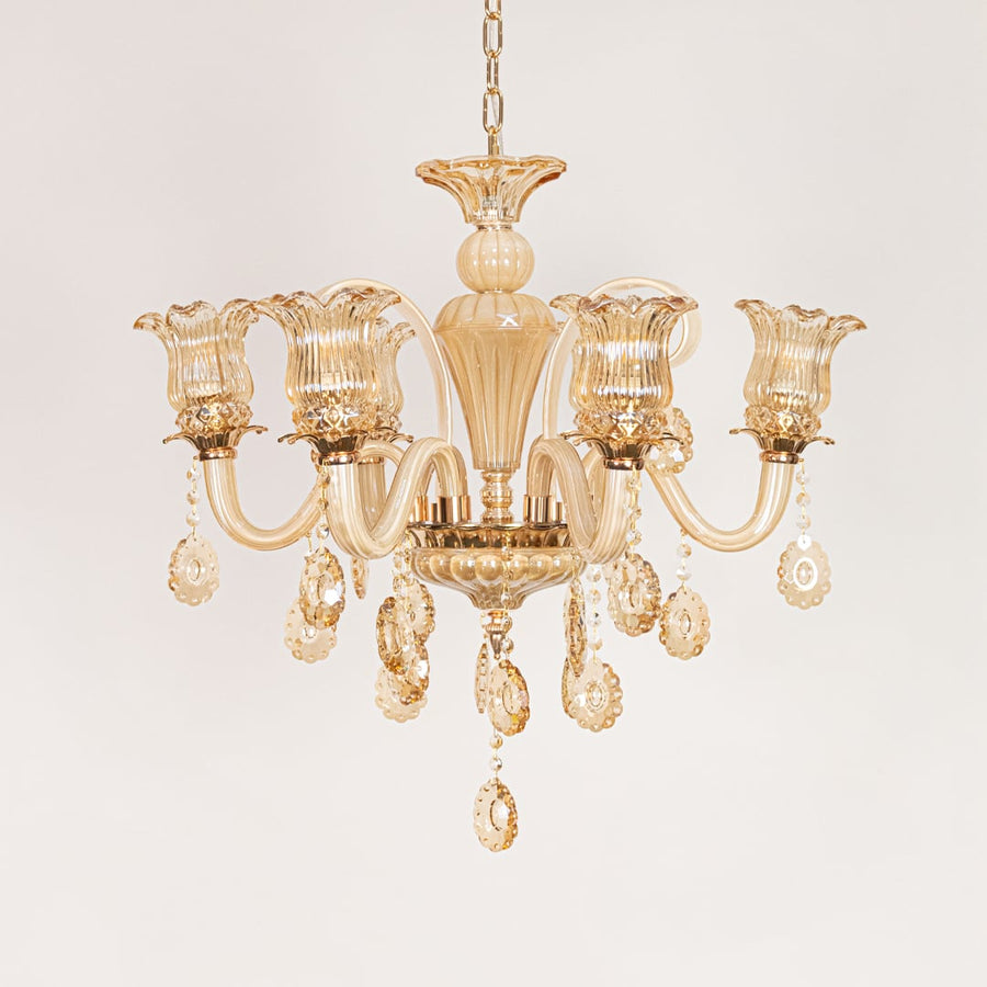 Golden glass crystal chandelier displayed on white background ideal for classic warm interior ceiling decor.