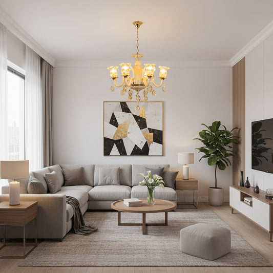 Golden glass crystal chandelier adds warm elegant lighting to living room or dining room ceilings for a luxurious look.
