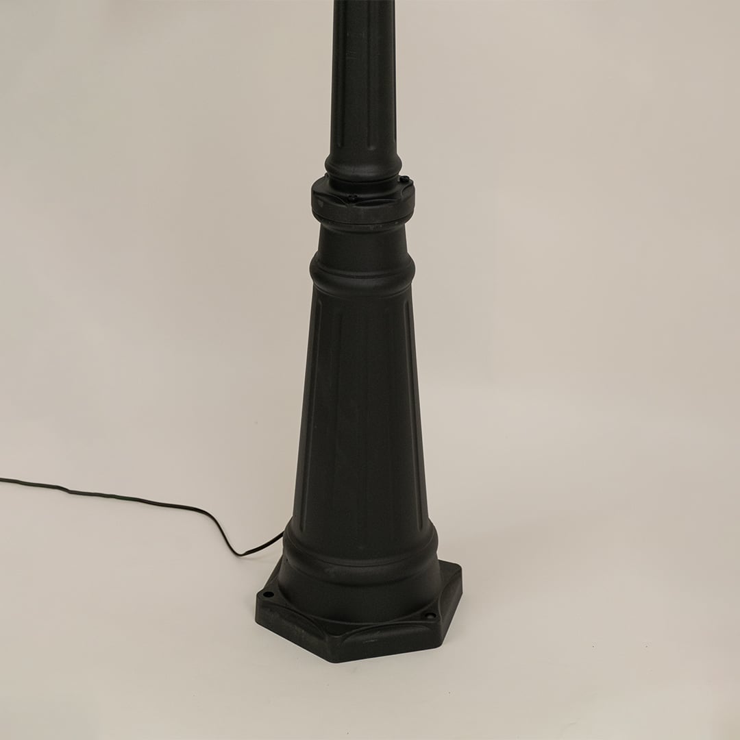Detailed closeup of dual lantern tops on black metal lamp post highlighting ribbed glass design ideal for walkway patio garden and outdoor Decor.