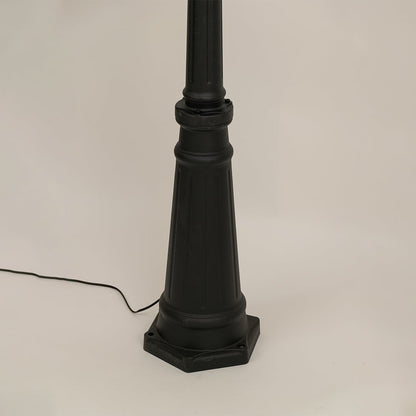 Detailed closeup of dual lantern tops on black metal lamp post highlighting ribbed glass design ideal for walkway patio garden and outdoor Decor.