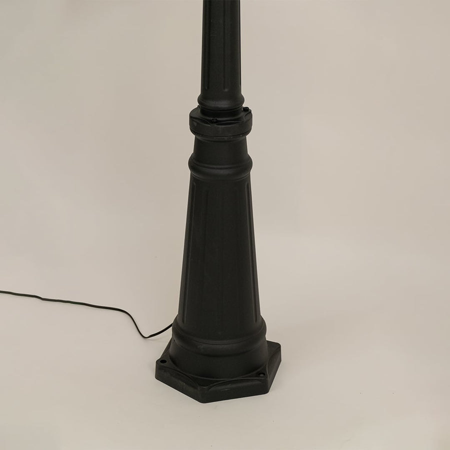 Detailed closeup of dual lantern tops on black metal lamp post highlighting ribbed glass design ideal for walkway patio garden and outdoor Decor.