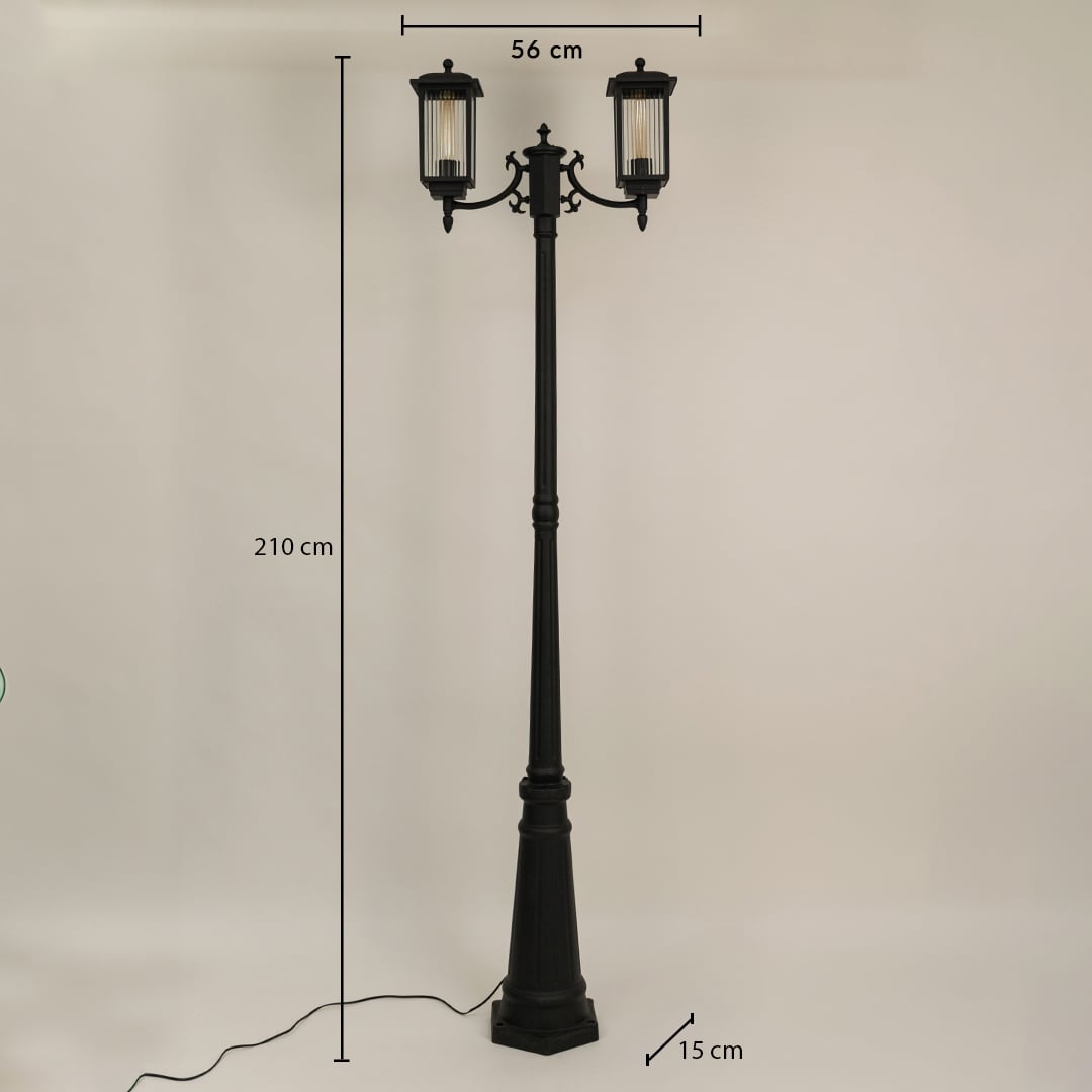 Black metal outdoor lamp post with dual lantern heads showing size clearly with height 210 cm width 56 cm and base width 15 cm ideal for garden pathway and driveway lighting.