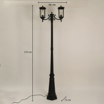 Black metal outdoor lamp post with dual lantern heads showing size clearly with height 210 cm width 56 cm and base width 15 cm ideal for garden pathway and driveway lighting.