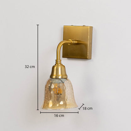 Gold metal wall light with crackle glass shade measuring 32 cm height 16 cm width and 18 cm projection for walls.
