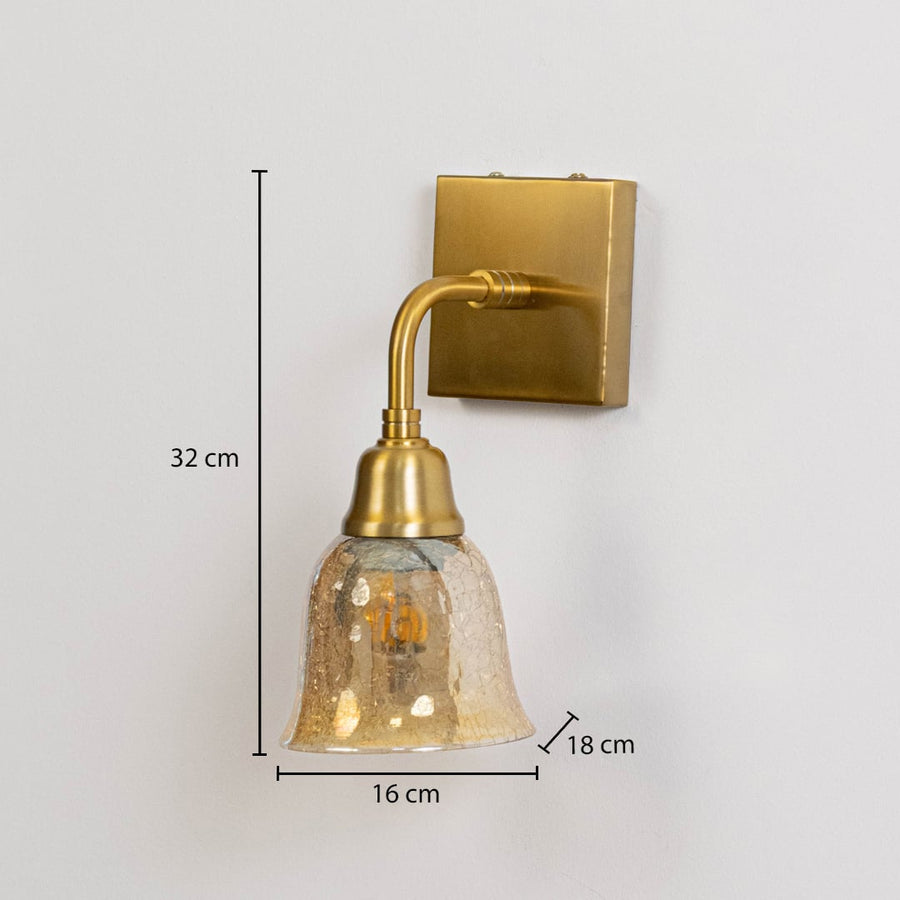Gold metal wall light with crackle glass shade measuring 32 cm height 16 cm width and 18 cm projection for walls.