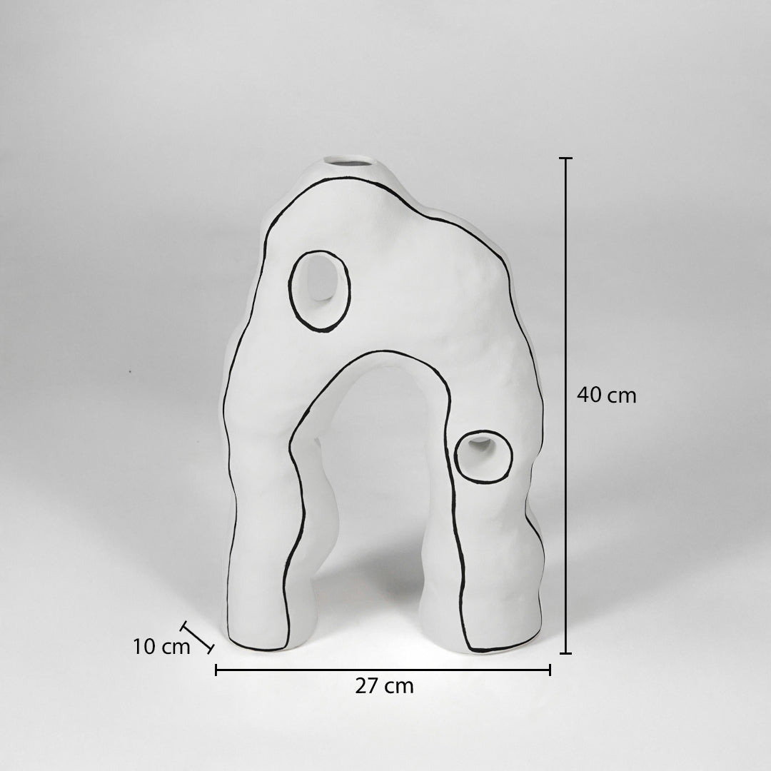 Abstract white organic sculptural vase with detailed dimension markings for professional product catalog reference.