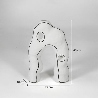 Abstract white organic sculptural vase with detailed dimension markings for professional product catalog reference.