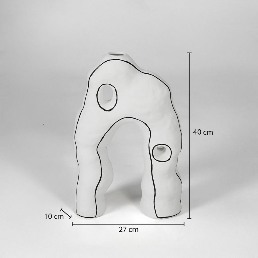 Abstract white organic sculptural vase with detailed dimension markings for professional product catalog reference.