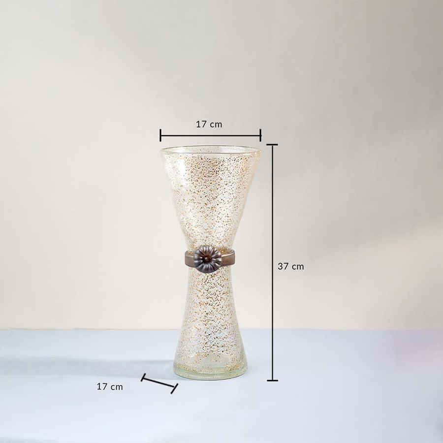 Golden speckled glass vase with hourglass shape shown with 37 cm height and 17 cm width measurements for decor use.